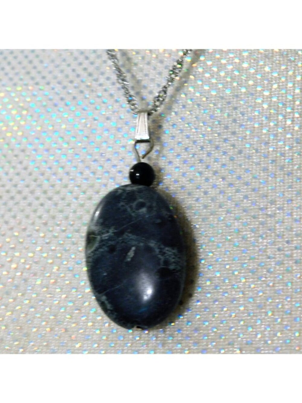 Black Stone Necklace and Fishhook Pierced Earrings 20" Twist Silver Tone Chain - Picture 9 of 11